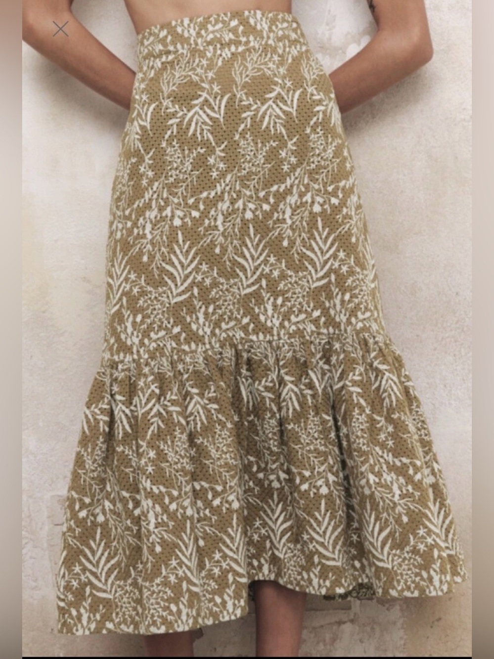 ZARA Embroidered Eyelet Ruffled Midi Skirt Olive Green White - Size Medium M